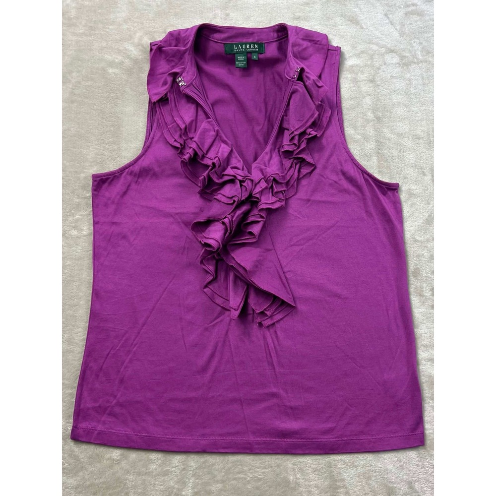 EUC Lauren Ralph Lauren Purple Ruffle Jabot Sleeveless Cotton Top Size Small